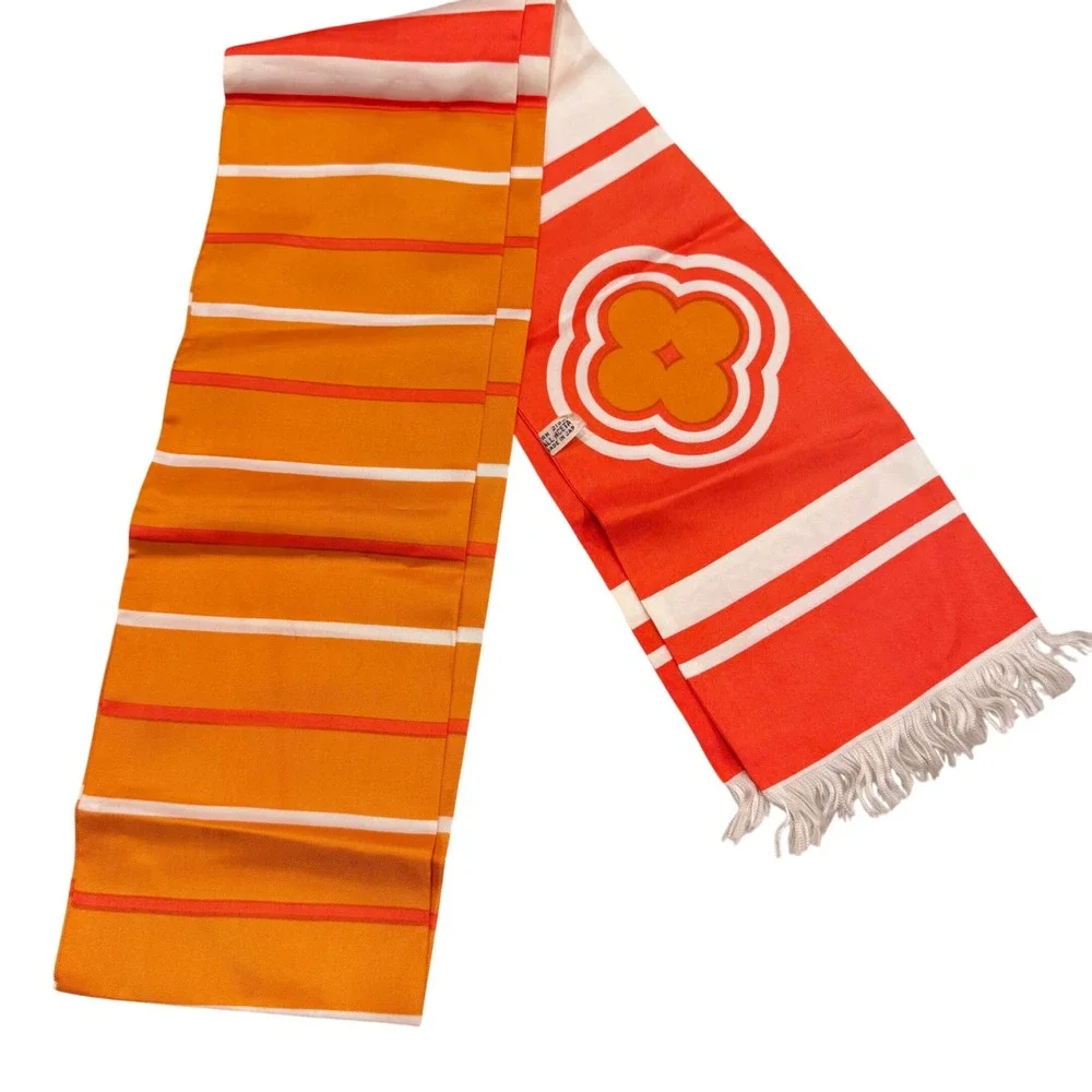 Vintage Japanese Obi Orange‎ Stripe Acetate Scarf with Floral Medallion 70x5.5